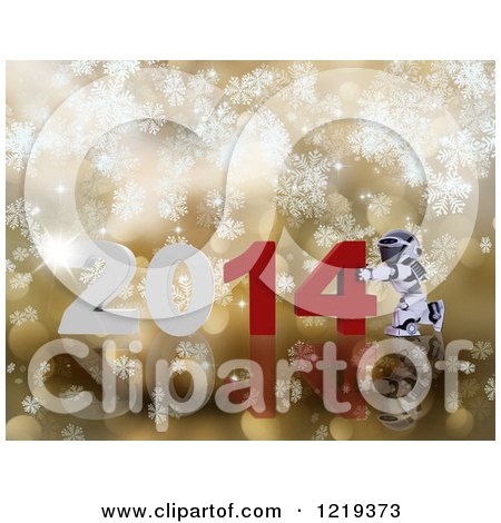 Clipart of a 3d Robot Pushing New Year 2014 Together over Golden Snowflakes and Bokeh - Royalty Free Illustration by KJ Pargeter