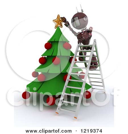 Clipart of a 3d Red Android Robot on a Ladder, Putting a Star on a Christmas Tree - Royalty Free Illustration by KJ Pargeter