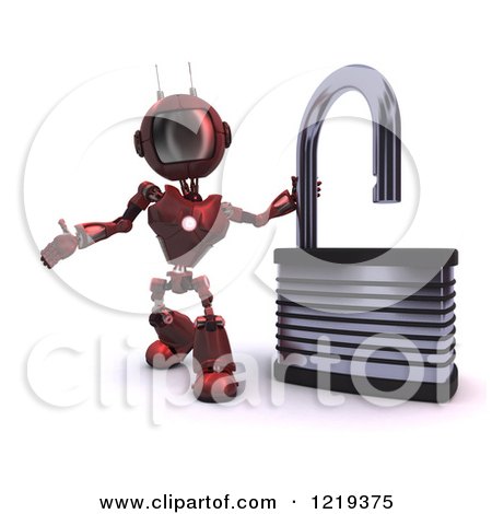 Clipart of a 3d Red Android Robot with an Open Padlock - Royalty Free Illustration by KJ Pargeter