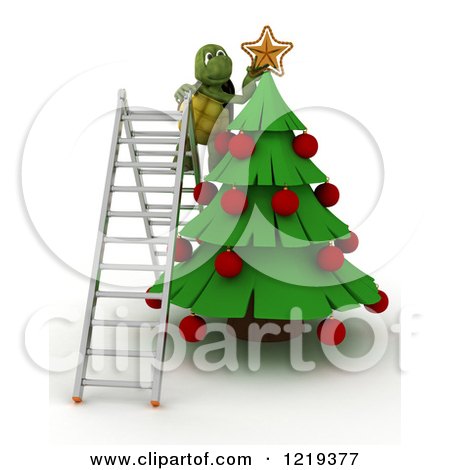 Clipart of a 3d Tortoise on a Ladder, Putting a Star on a Christmas Tree - Royalty Free Illustration by KJ Pargeter