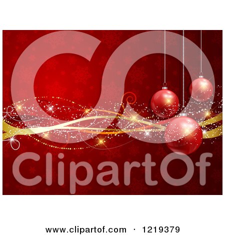 Clipart of a Red Christmas Background with Baubles Sparkly Ribbons and Snowflakes - Royalty Free Vector Illustration by KJ Pargeter