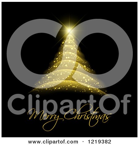 Clipart of a Merry Christmas Greeting Under a Golden Sparkle Christmas Tree on Black - Royalty Free Vector Illustration by KJ Pargeter
