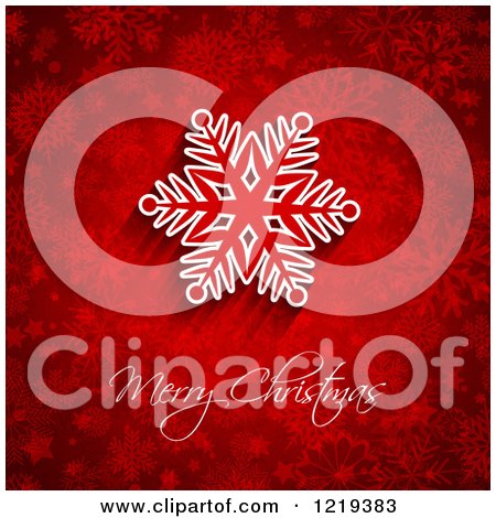 Clipart of a Merry Christmas Greeting Under a Snowflake on Red - Royalty Free Vector Illustration by KJ Pargeter
