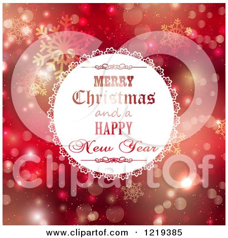 Clipart of a Merry Christmas and a Happy New Year Greeting over Red Bokeh and Snowflakes - Royalty Free Vector Illustration by KJ Pargeter
