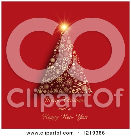 Clipart of a Merry Christmas and a Happy New Year Greeting with a Snowflake Tree on Red - Royalty Free Vector Illustration by KJ Pargeter