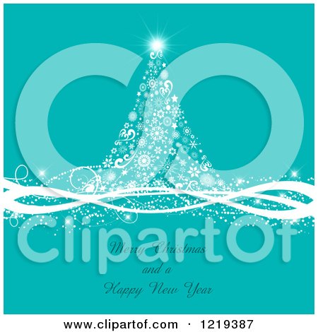 Clipart of a Merry Christmas and a Happy New Year Greeting with a Snowflake Tree on Turquoise - Royalty Free Vector Illustration by KJ Pargeter