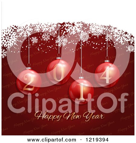 Clipart of a Happy New Year 2014 Greeting with Snowflakes and Ornaments over Red with Diagonal Text - Royalty Free Vector Illustration by KJ Pargeter