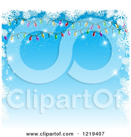 Clipart of a Blue Background Framed with Christmas Lights and Snowflakes - Royalty Free Vector Illustration by KJ Pargeter