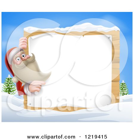 Clipart of Santa Claus Pointing to a Christmsa Sign in a Winter Landscape - Royalty Free Vector Illustration by AtStockIllustration