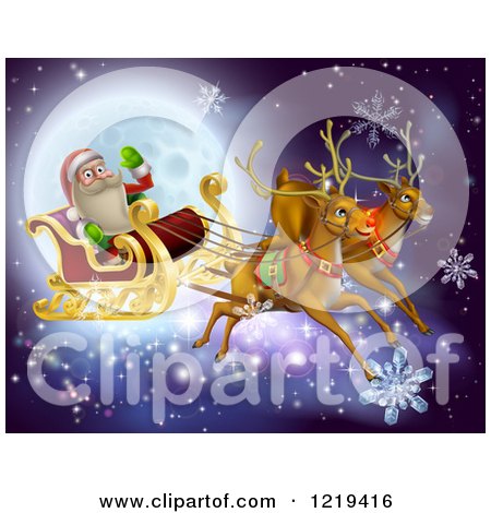 Clipart of a Magic Christmas Reindeer Flying Santa As He Waves over a Full Moon - Royalty Free Vector Illustration by AtStockIllustration
