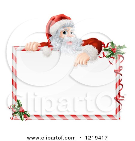 Clipart of Santa Pointing down at a Candy Cane Frame Sign - Royalty Free Vector Illustration by AtStockIllustration