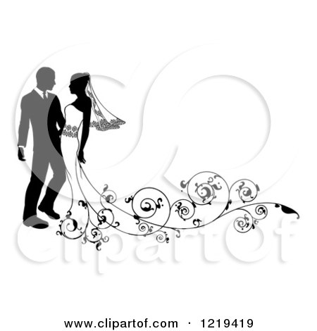 Clipart of a Black and White Silhouetted Wedding Couple with Ornate Swirls 3 - Royalty Free Vector Illustration by AtStockIllustration