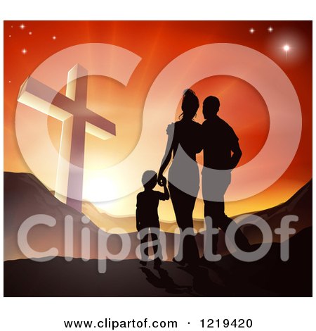 Clipart of a Silhouetted Christian Family Walking Towards a Cross at Sunset - Royalty Free Vector Illustration by AtStockIllustration