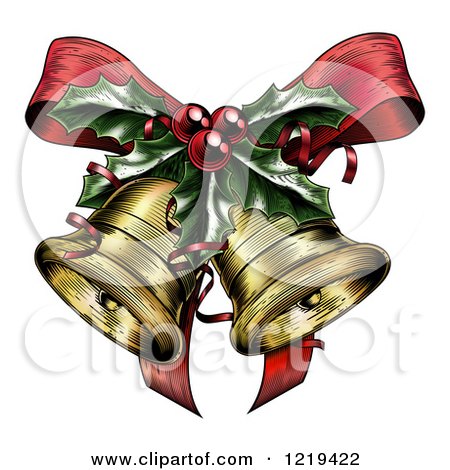 Clipart of Engraved Christmas Bells with Holly and a Bow - Royalty Free Vector Illustration by AtStockIllustration