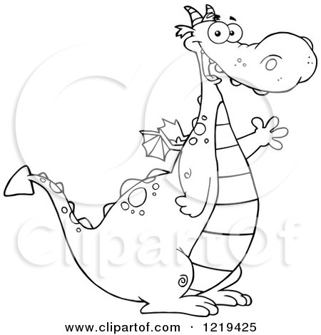 Clipart of an Outlined Happy Chubby Dragon Waving - Royalty Free Vector Illustration by Hit Toon