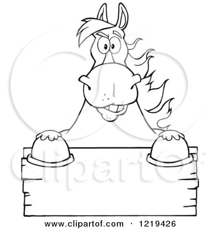 Clipart of an Outlined Draft Horse over a Wooden Sign - Royalty Free Vector Illustration by Hit Toon