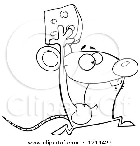 Clipart of an Outlined Successful Mouse Running with Cheese - Royalty Free Vector Illustration by Hit Toon
