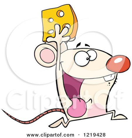Clipart of a Successful White Mouse Running with Cheese - Royalty Free Vector Illustration by Hit Toon