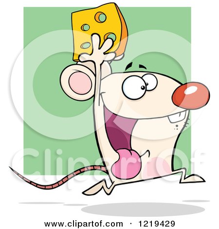 Clipart of a Happy White Mouse Running with Cheese, over Green - Royalty Free Vector Illustration by Hit Toon