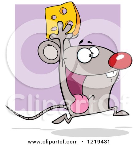 Clipart of a Happy Mouse Running with Cheese, over Purple - Royalty Free Vector Illustration by Hit Toon
