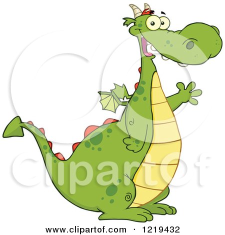 Clipart of a Happy Chubby Green Dragon Waving - Royalty Free Vector Illustration by Hit Toon