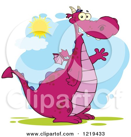 Clipart of a Friendly Chubby Purple Dragon Waving on a Sunny Day - Royalty Free Vector Illustration by Hit Toon