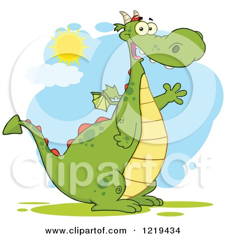 Clipart of a Friendly Chubby Green Dragon Waving on a Sunny Day - Royalty Free Vector Illustration by Hit Toon