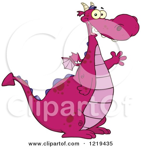 Clipart of a Happy Chubby Purple Dragon Waving - Royalty Free Vector Illustration by Hit Toon