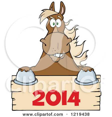 Clipart of a Brown Draft Horse over a Wooden New Year 2014 Sign - Royalty Free Vector Illustration by Hit Toon