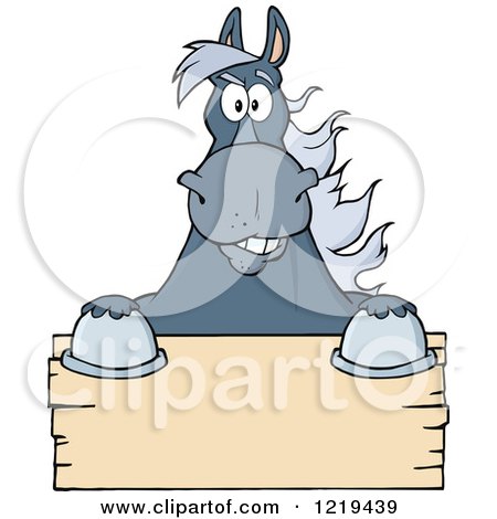 Clipart of a Gray Draft Horse over a Wooden Sign - Royalty Free Vector Illustration by Hit Toon