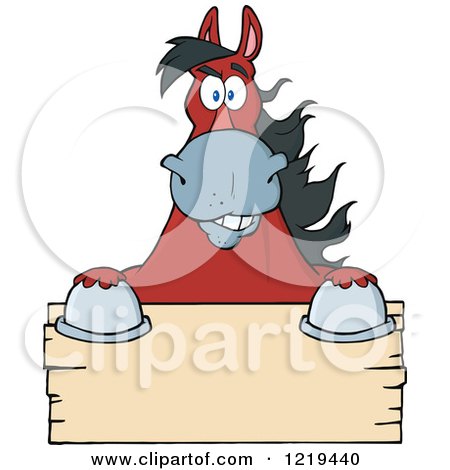 Clipart of a Red Draft Horse over a Wooden Sign - Royalty Free Vector Illustration by Hit Toon