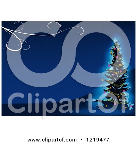 Clipart of a Blue Christmas Background with Swirls and a Christmas Tree - Royalty Free Vector Illustration by dero