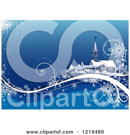Clipart of a Winter Church with Snowflakes and Waves on Blue - Royalty Free Vector Illustration by dero
