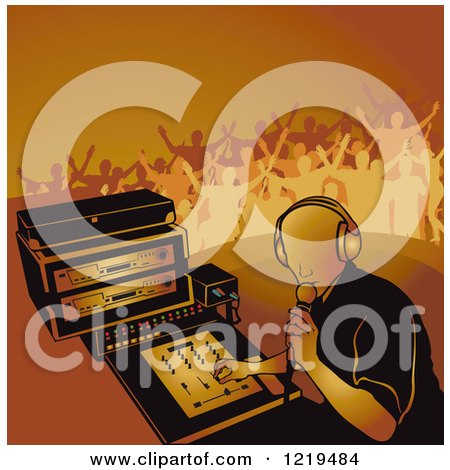 Clipart of a Dj Mixing a Record and Silhouetted Dancers in Orange Tones - Royalty Free Vector Illustration by dero