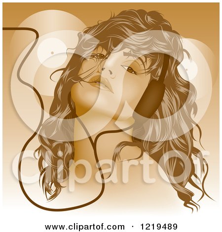 Clipart of a Young Woman Wearing Headphones over Vinyl Records in Orange Tones - Royalty Free Vector Illustration by dero