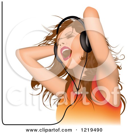 Clipart of a Young Woman Siging and Wearing Headphones - Royalty Free Vector Illustration by dero