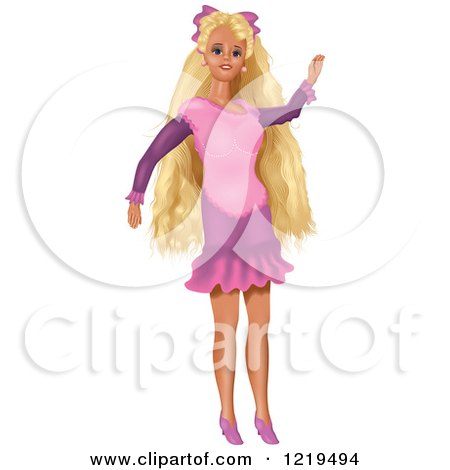Clipart of a Waving Doll with Long Blond Hair and a Pink Dress - Royalty Free Vector Illustration by dero