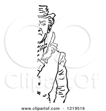 Retro Clipart of a Black and White Retro Cut off Stern Man Holding up a Finger - Royalty Free Vector Illustration by Picsburg