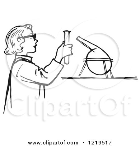 Retro Clipart of a Black and White Retro Teen Girl Conducting a Science Experiment in a Lab - Royalty Free Vector Illustration by Picsburg