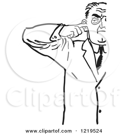 Retro Clipart of a Black and White Retro Cut off Man Plugging His Ear - Royalty Free Vector Illustration by Picsburg