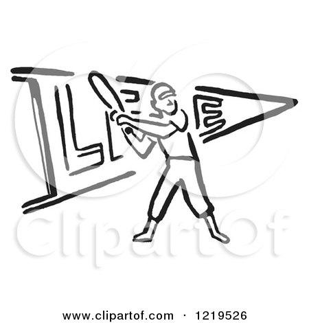Retro Clipart of a Black and White Retro Baseball Player Batting over a Pennant Flag - Royalty Free Vector Illustration by Picsburg