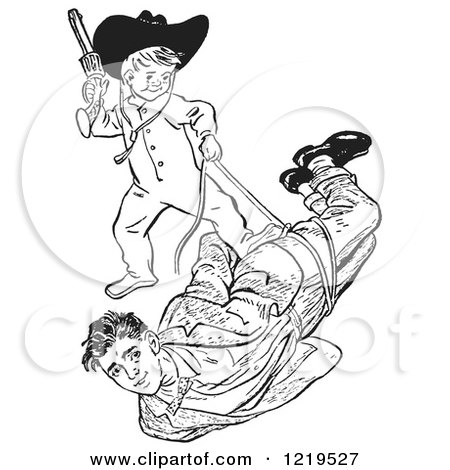 Retro Clipart of a Black and White Retro Teenage Boy Playing Cowboys with His Girlfriends Little Brother - Royalty Free Vector Illustration by Picsburg