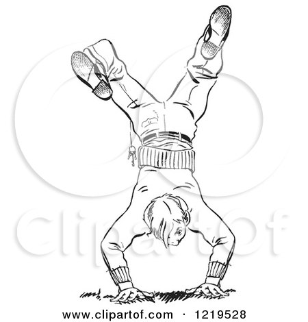 Retro Clipart of a Black and White Retro Teenage Boy Break Dancing - Royalty Free Vector Illustration by Picsburg