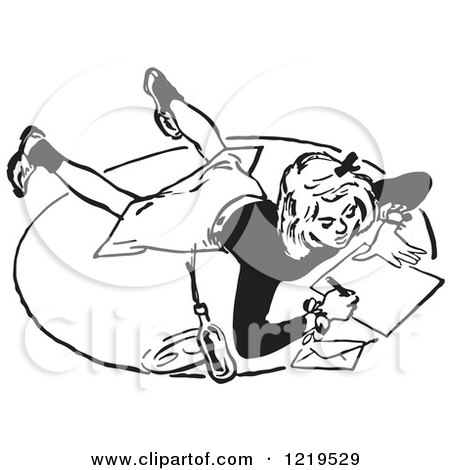 Retro Clipart of a Black and White Retro Teenage Girl Writing a Letter on a Floor - Royalty Free Vector Illustration by Picsburg