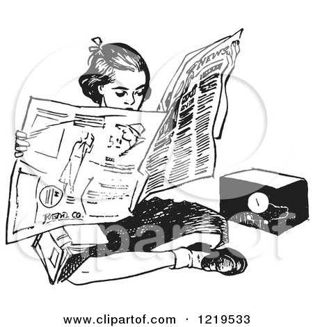 Retro Clipart of a Black and White Retro Teen Girl Reading a Newspaper on the Floor - Royalty Free Vector Illustration by Picsburg