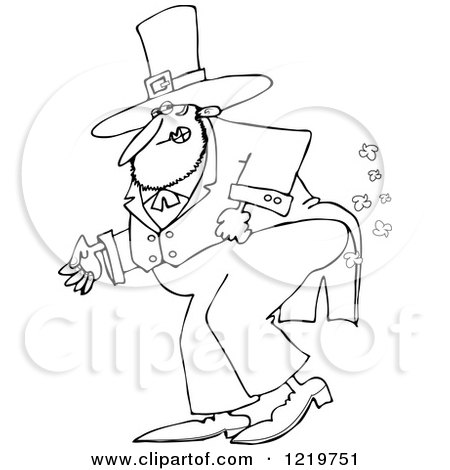 Clipart of an Outlined St Patricks Day Leprechaun Farting - Royalty Free Vector Illustration by djart