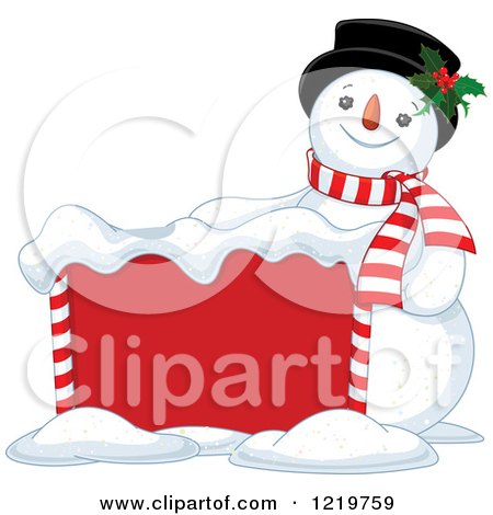 Clipart of a Happy Christmas Snowman by a Sign - Royalty Free Vector Illustration by Pushkin