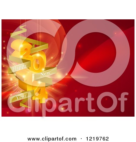 Clipart of a Golden 3d Year 2014 Suspended with Happy New Year Banners over a Red Background - Royalty Free Vector Illustration by AtStockIllustration