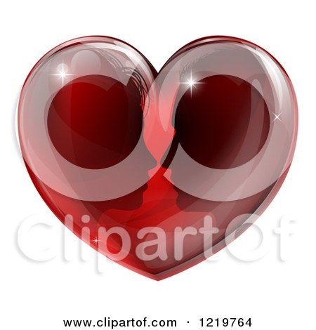 Clipart of a Silhouetted Couple About to Kiss in a Reflective Red Heart - Royalty Free Vector Illustration by AtStockIllustration