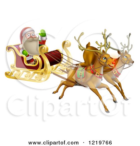 Clipart of Santa Waving and Flying in a Magic Sleigh with Two Reindeer - Royalty Free Vector Illustration by AtStockIllustration